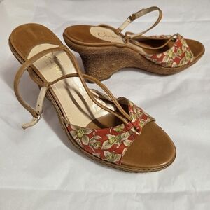 Cole Haan Fabric & Raffia Wedge Heel Sandals, Size 9B, Tan/Red/White, NWOT